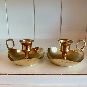 Candlestick Holders Brass with Finger Loop and Flared/Winged Drip Dish-Set of 2